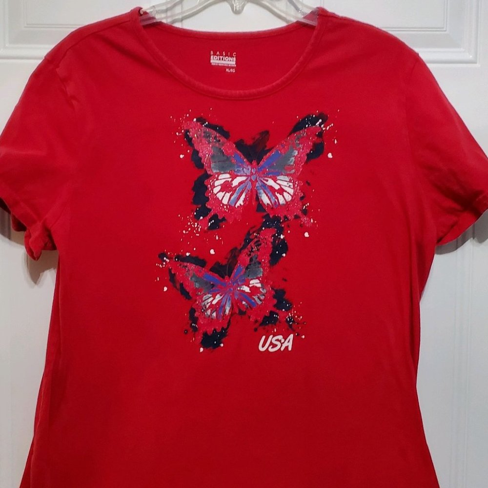 Basic Editions Red USA & Butterflies T-Shirt
